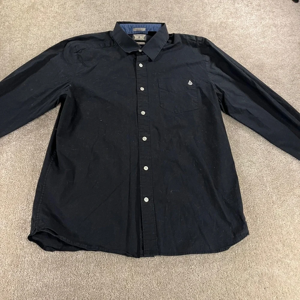 Volcom Button Up Shirt Mens Medium Black Vex Factor Solid Long Sleeve